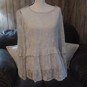Sundance Gray Sheer Floral Lace Top Tunic Boho Bohemian Flowy Blouse Size L